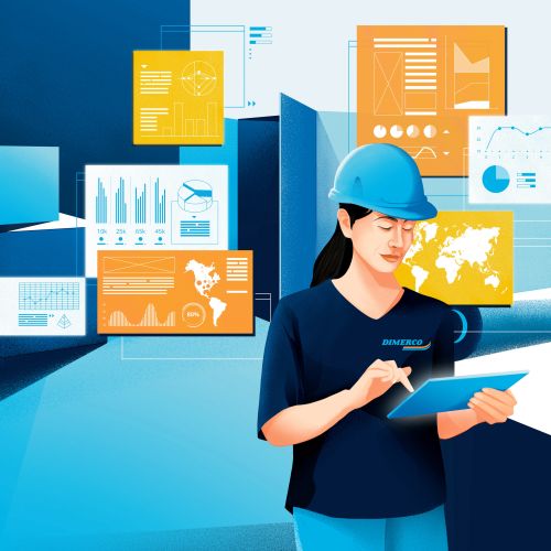 Frau mit blauem Helm benutzt Tablet mit digitalen Diagrammen