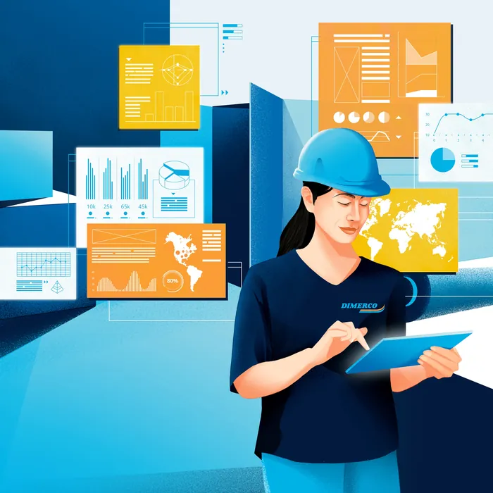 Woman wearing blue helmet using tablet with digital charts