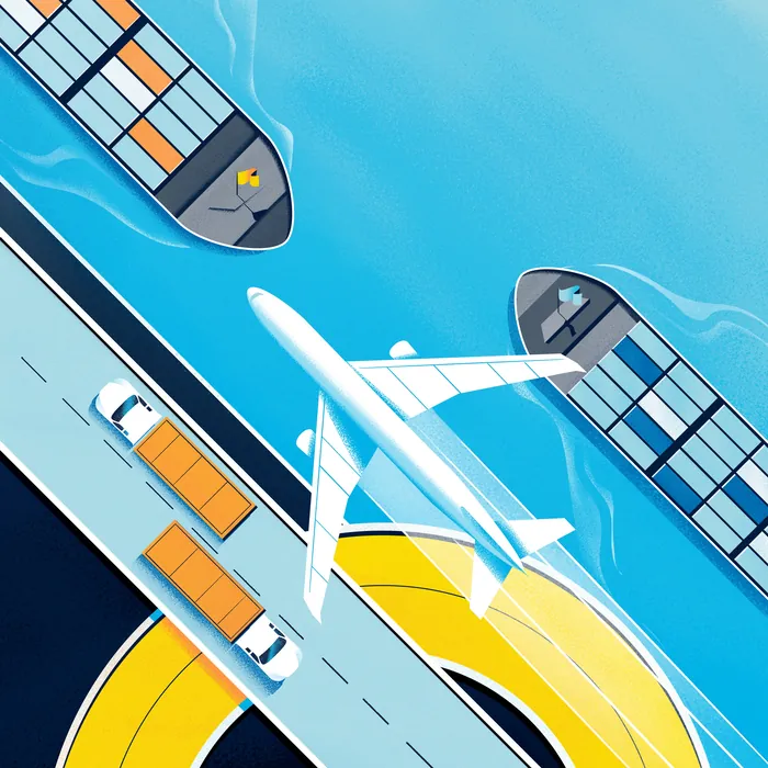 Airplane flying over cargo ships and trucks loading at a port