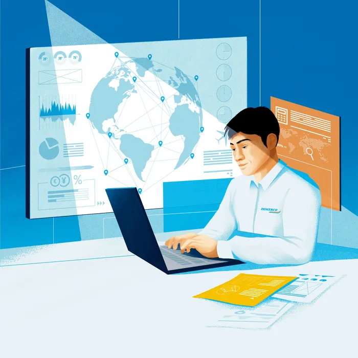 Person using laptop with global data and charts on screens