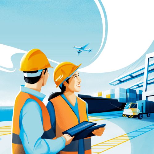 Construction workers with helmets at port with containers and airplane overhead