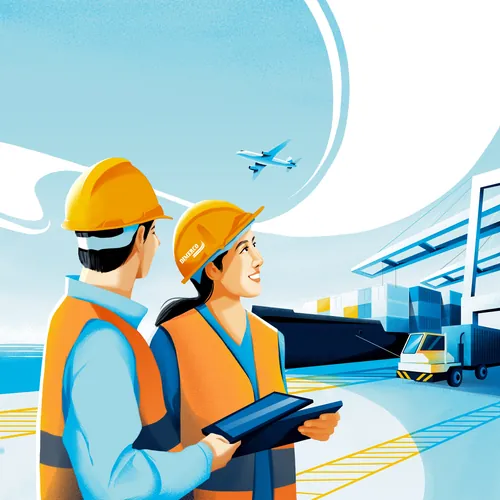 Construction workers with helmets at port with containers and airplane overhead