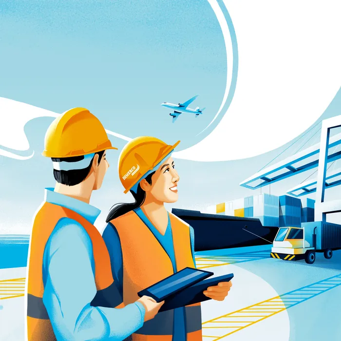 Construction workers with helmets at port with containers and airplane overhead