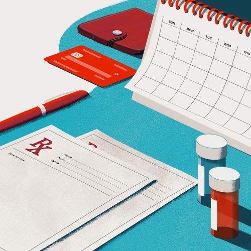 Medikamente, Kalender und Hilfsmittel zur Gesundheitsorganisation auf blauer Oberfläche