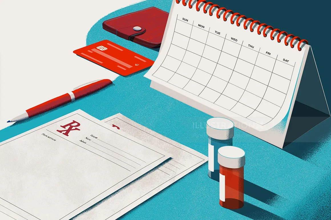 Medication, calendar, and health organization tools on blue surface