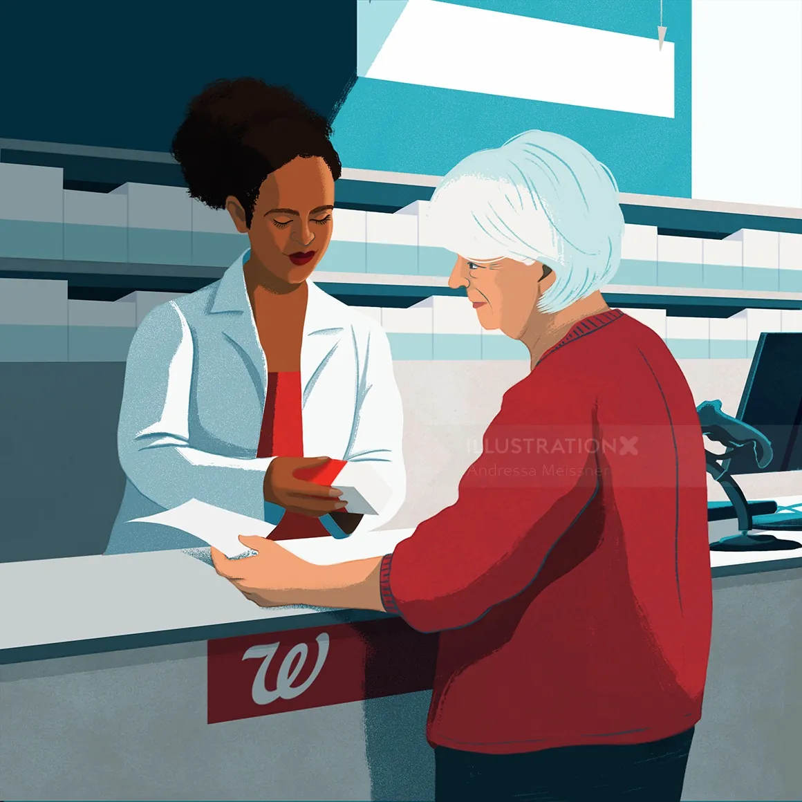 Pharmacist assisting elderly woman at Walgreens counter