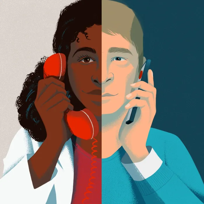 Split illustration of diverse people talking on red and black phones