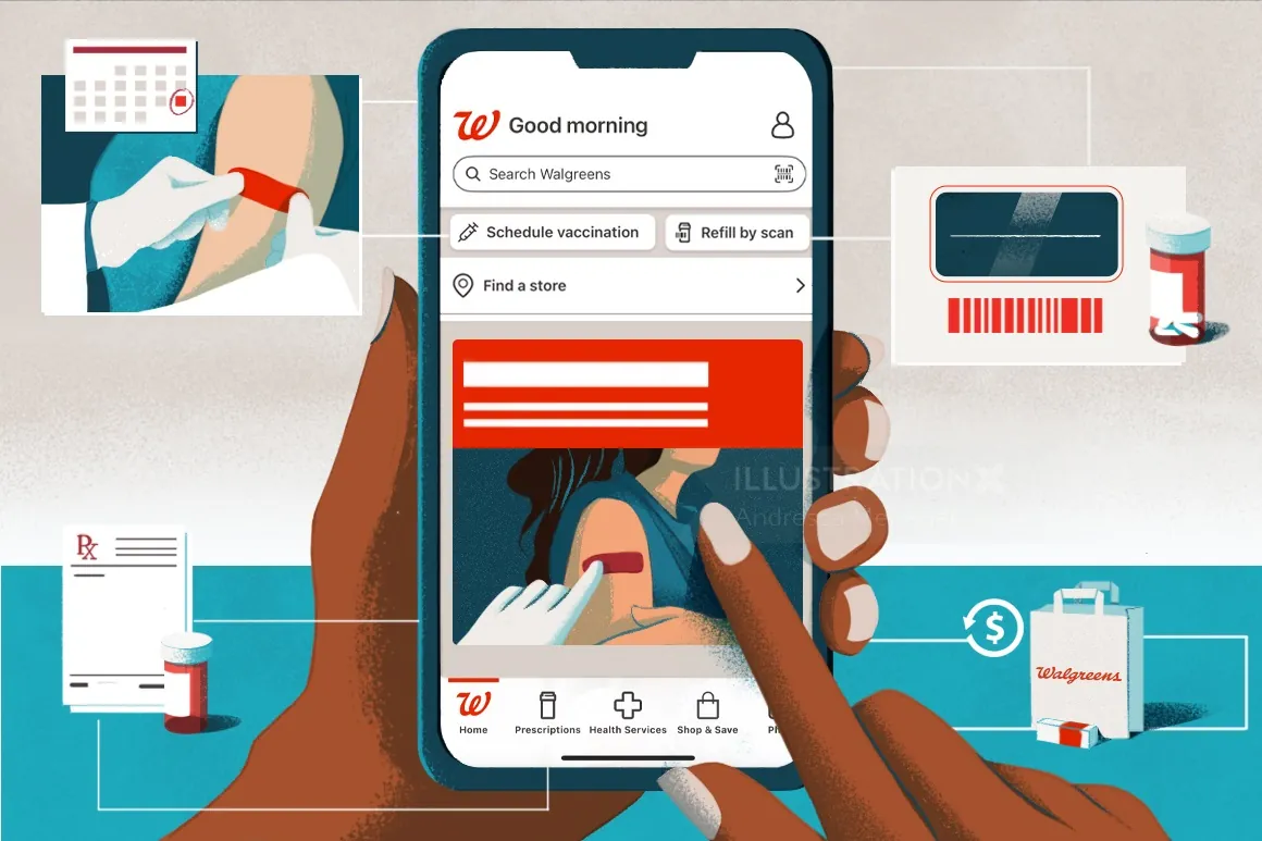 Person using Walgreens app on smartphone with health-related icons