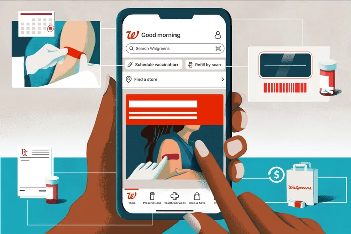 Person using Walgreens app on smartphone with health-related icons