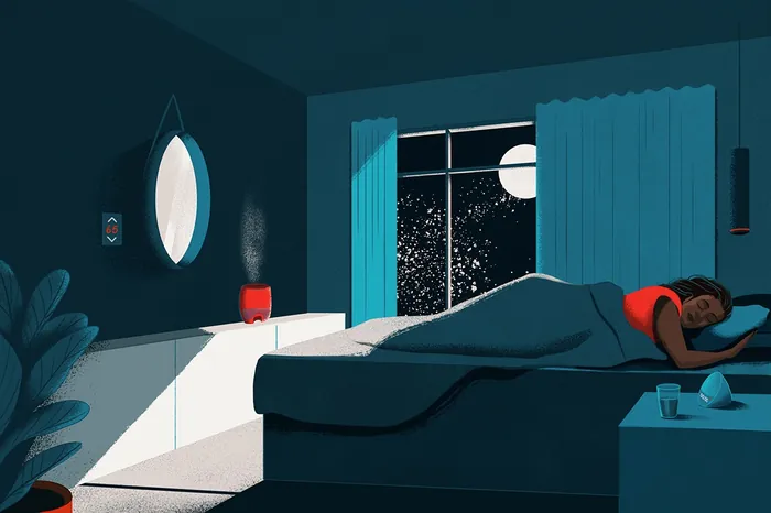 Person sleeping peacefully in a dark bedroom at night
