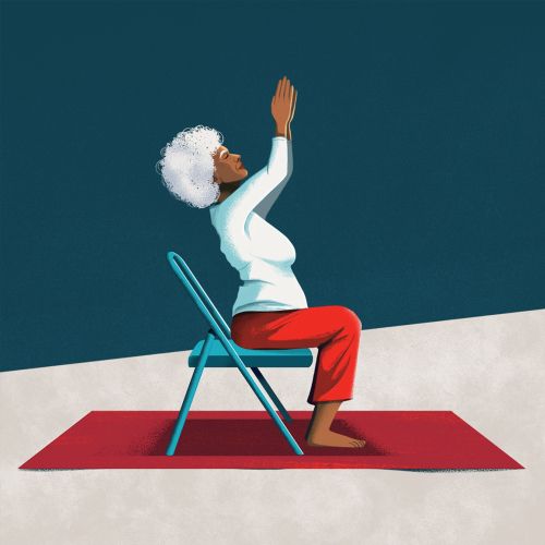 Elderly woman doing seated yoga stretch on chair and mat