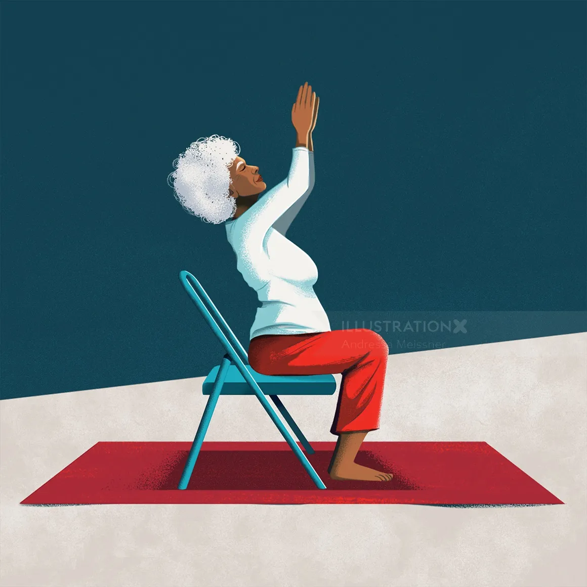 Elderly woman doing seated yoga stretch on chair and mat