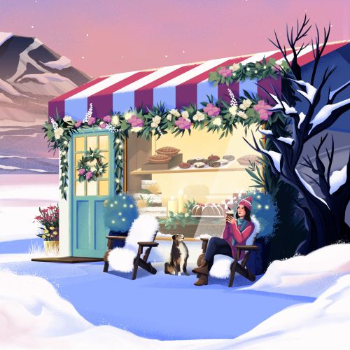 Cozy outdoor cafe in snowy landscape with person reading and dogs