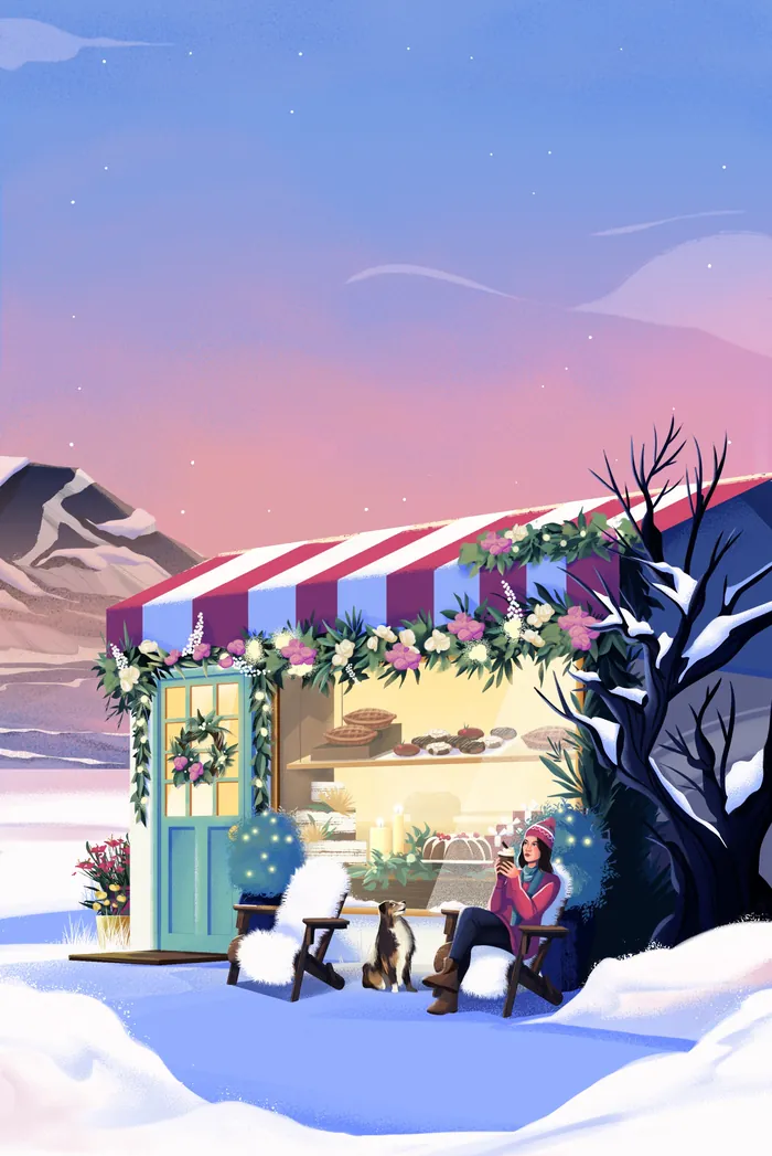 Cozy outdoor cafe in snowy landscape with person reading and dogs