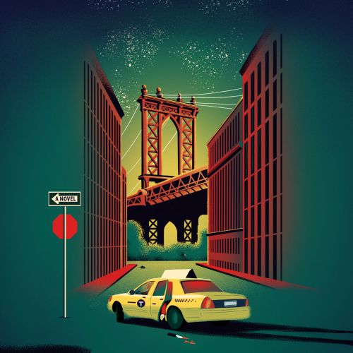 Yellow taxi driving at night under a city bridge between tall buildings