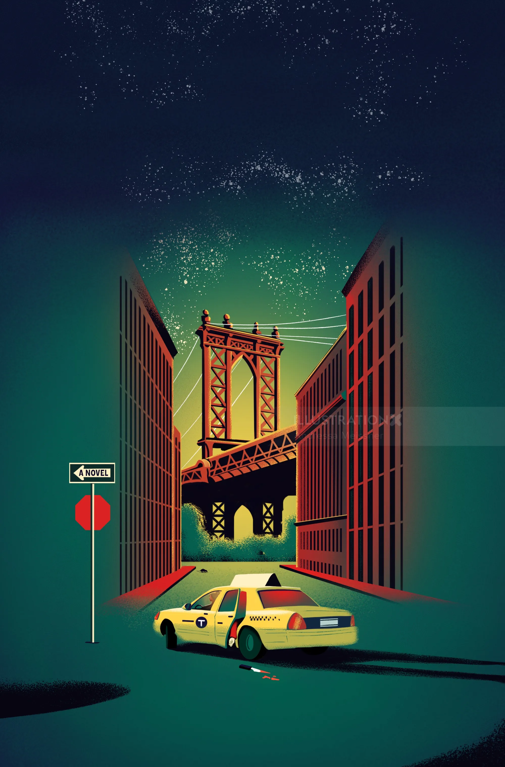 Yellow taxi driving at night under a city bridge between tall buildings