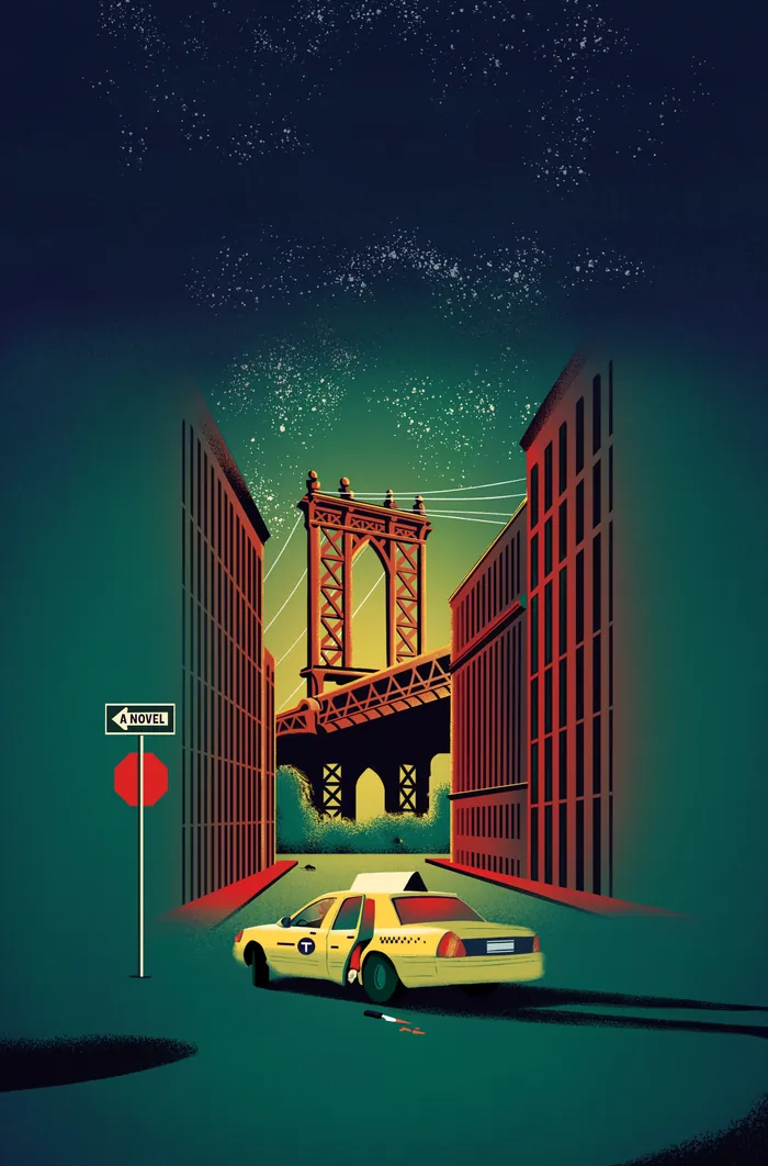 Yellow taxi driving at night under a city bridge between tall buildings