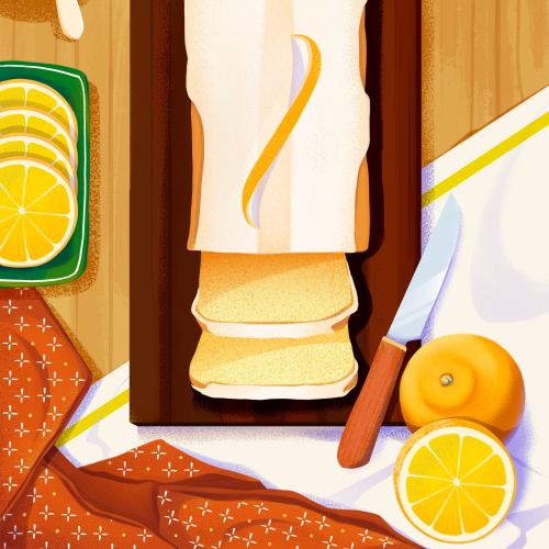 Top view lemon cake slice on wooden board with lemon slices and knife