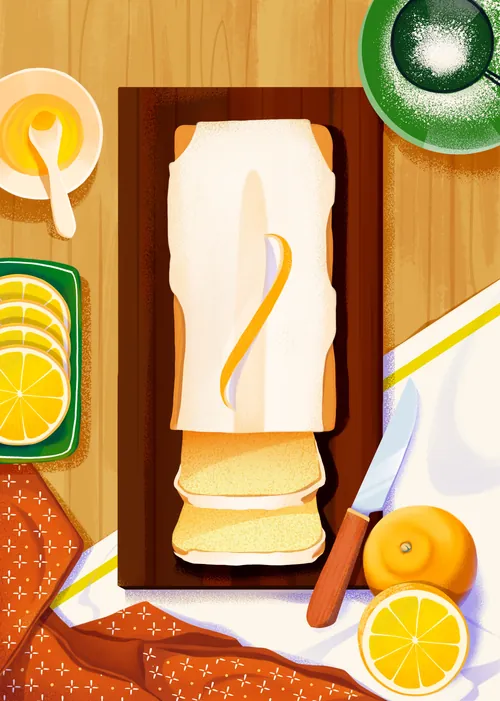 Top view lemon cake slice on wooden board with lemon slices and knife