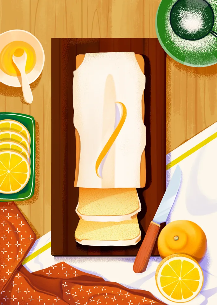 Top view lemon cake slice on wooden board with lemon slices and knife