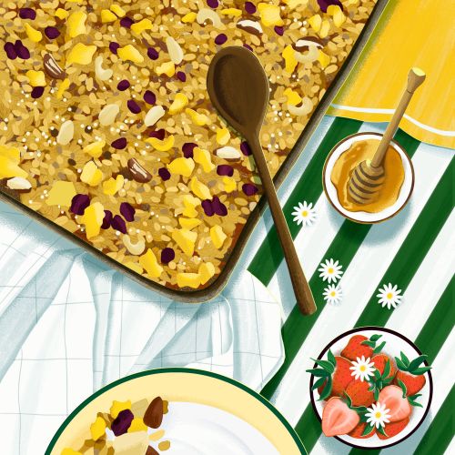 Baked granola bars with bowl of granola, honey and strawberries on cloth