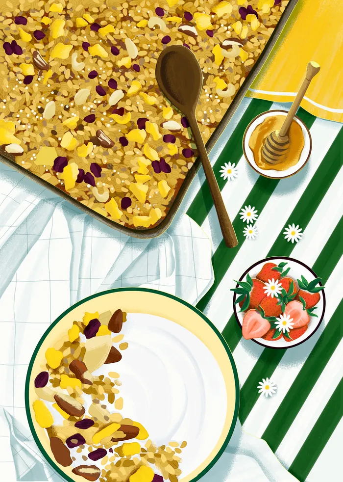 Baked granola bars with bowl of granola, honey and strawberries on cloth