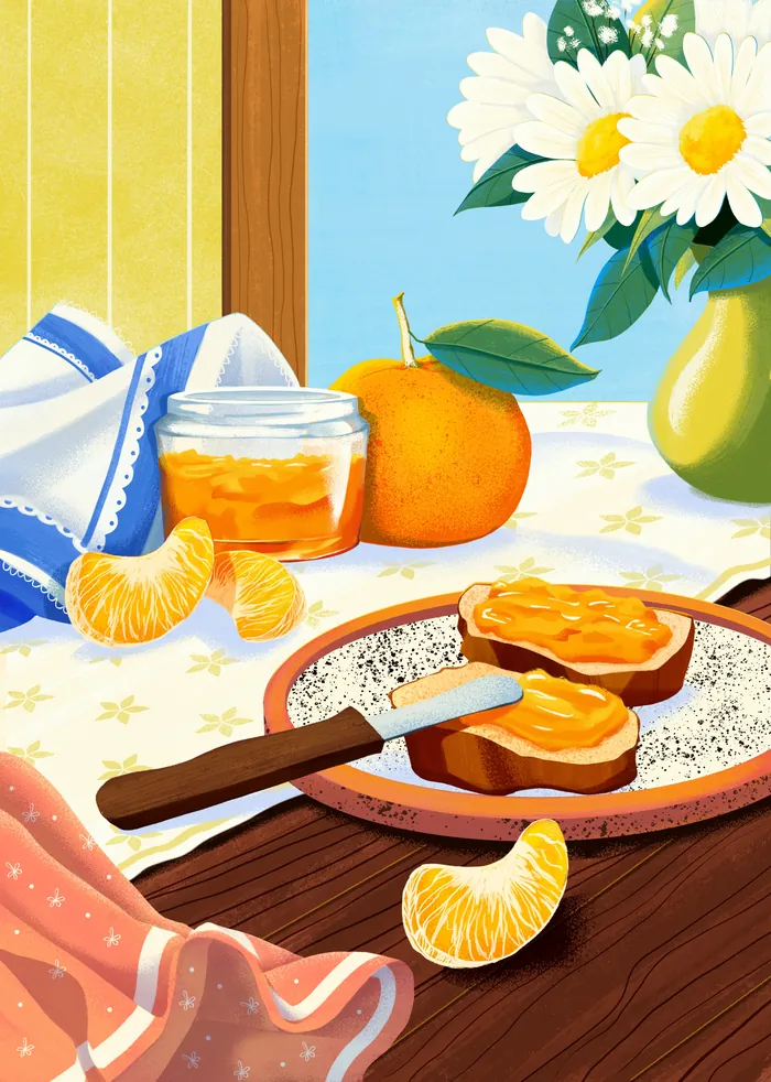 Toast with orange jam, peeled tangerines, and a flower vase on table