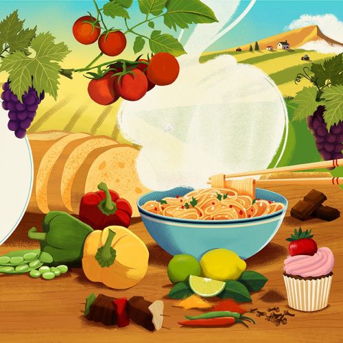 Table with fresh vegetables, fruits, bowl of pasta, and baked treats in a sunny landscape