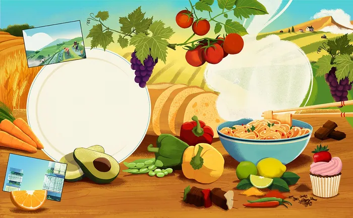 Table with fresh vegetables, fruits, bowl of pasta, and baked treats in a sunny landscape