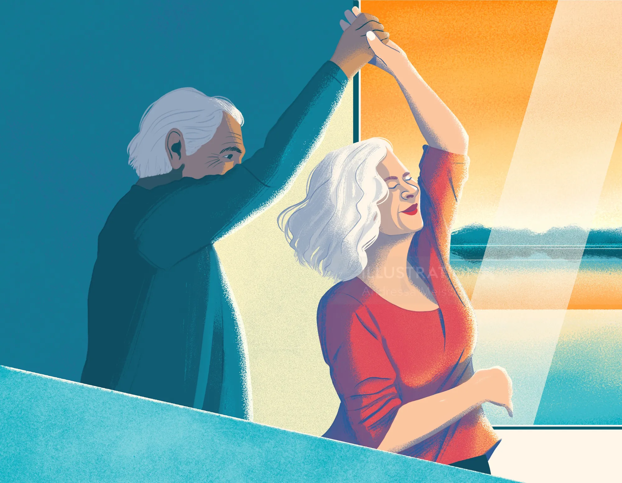 Senior couple dancing happily near a sunlit window