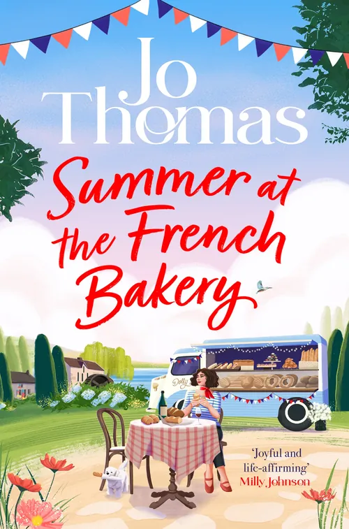 Book cover with woman at outdoor table and bakery food truck by Andressa Meissner
