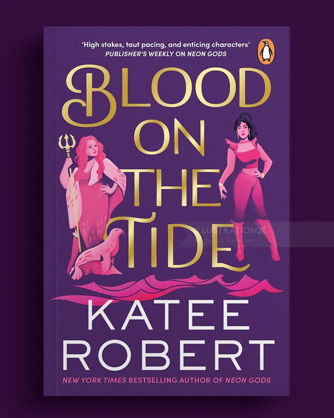 Book cover of Blood on the Tide by Katee Robert with two women and gold text by Andressa Meissner