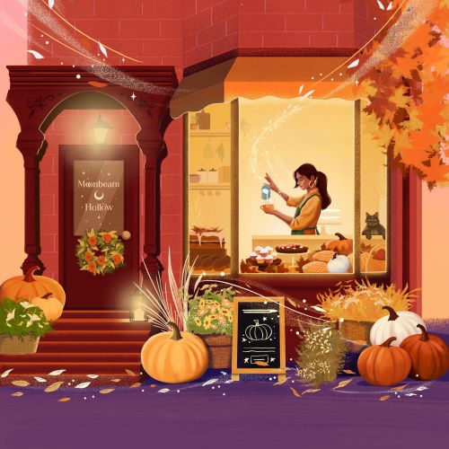 Autumn bookshop storefront with pumpkins and a reader, illustrated by Andressa Meissner.