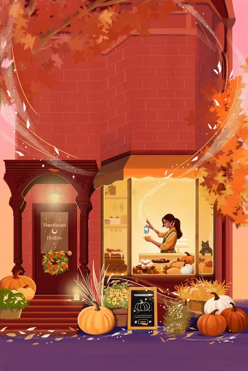 Herbstliche Buchhandlungsfassade mit Kürbissen und einem Leser, illustriert von Andressa Meissner.