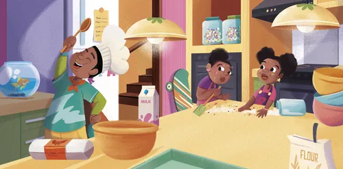 Children baking in kitchen with adult chef tasting food by Andressa Meissner