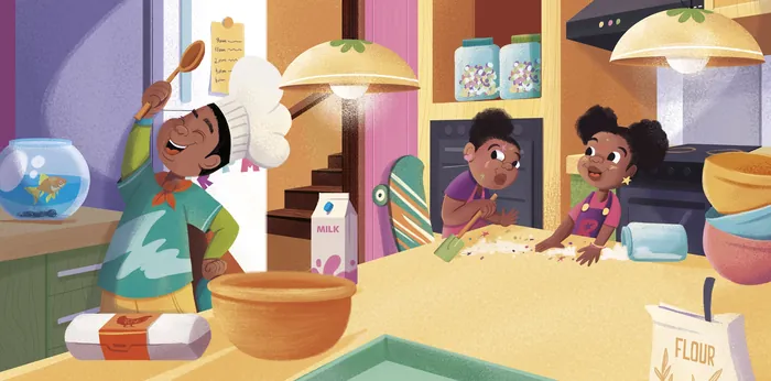 Children baking in kitchen with adult chef tasting food by Andressa Meissner