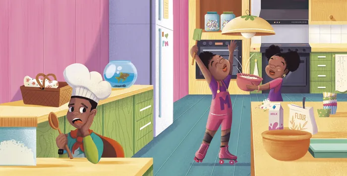Children cooking and playing in kitchen with utensils and ingredients, by Andressa Meissner