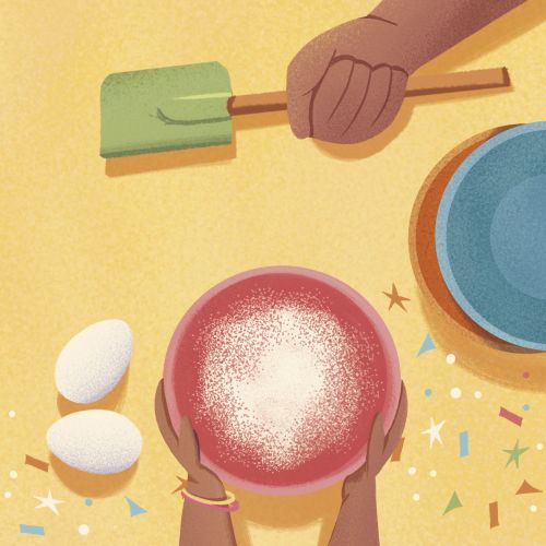 Illustration of hands preparing baking ingredients and tools by Andressa Meissner