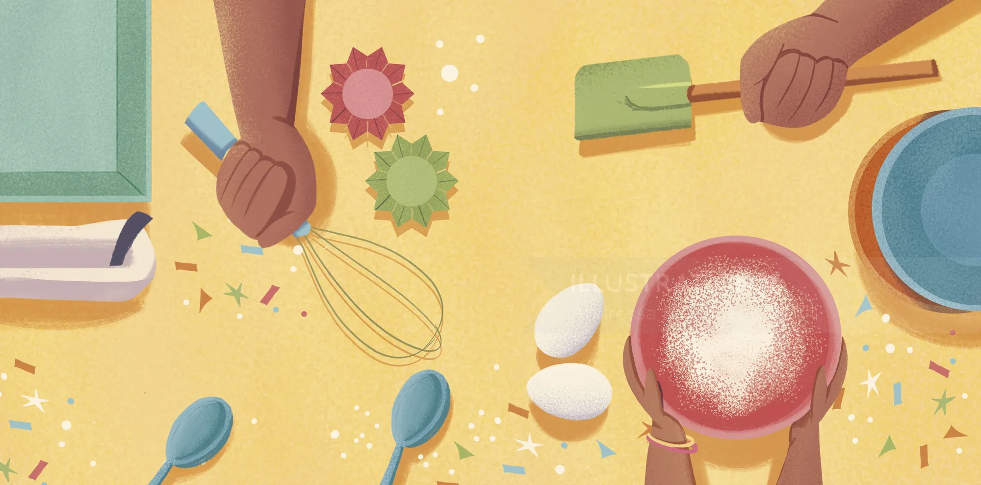 Illustration of hands preparing baking ingredients and tools by Andressa Meissner