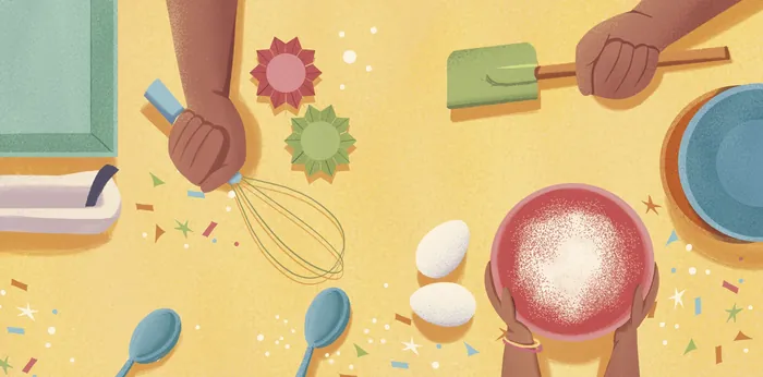 Illustration of hands preparing baking ingredients and tools by Andressa Meissner
