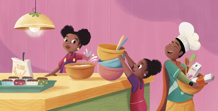 Family baking together in kitchen by Andressa Meissner Kids