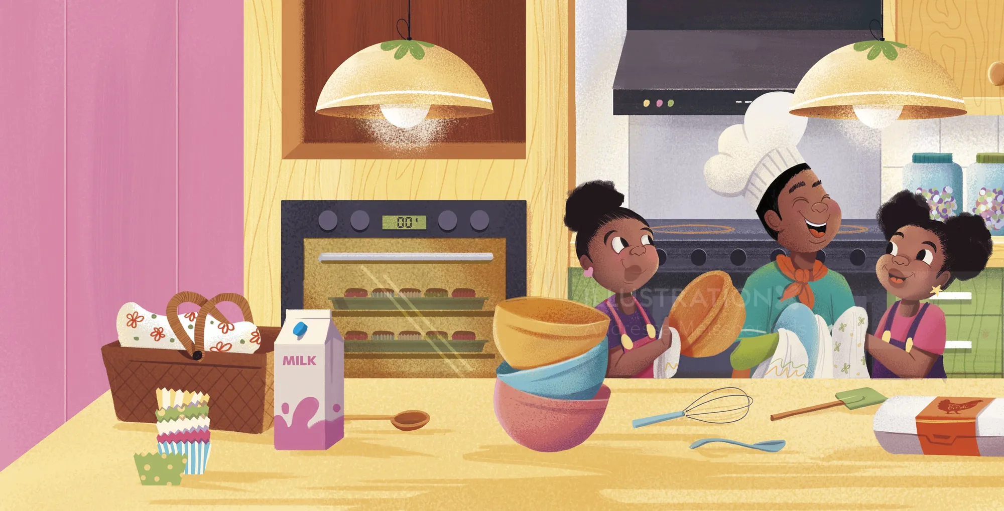 Children baking together in a kitchen, colorful scene by Andressa Meissner