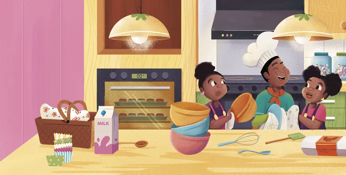 Children baking together in a kitchen, colorful scene by Andressa Meissner