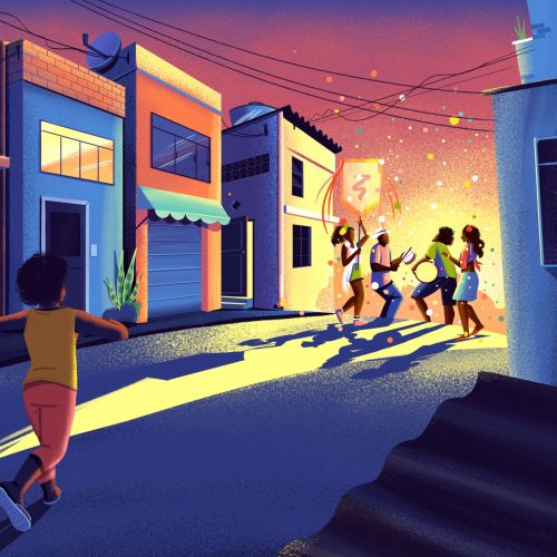 Children playing with sparklers on a street at sunset by Andressa Meissner