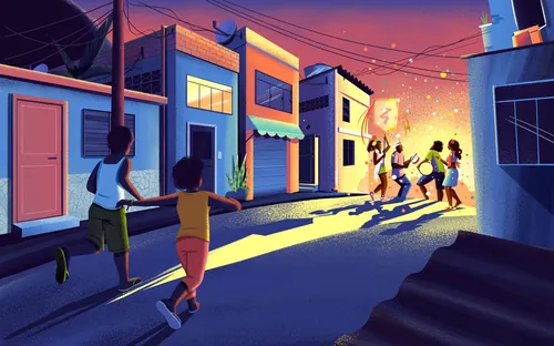 Children playing with sparklers on a street at sunset by Andressa Meissner