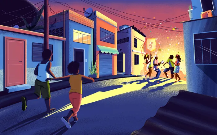 Children playing with sparklers on a street at sunset by Andressa Meissner