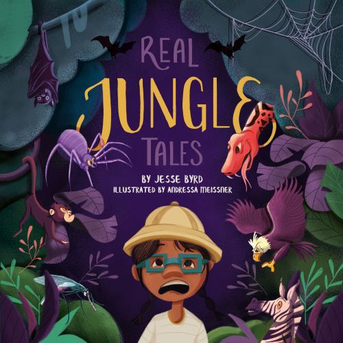 Book cover with scared child and jungle animals by Andressa Meissner