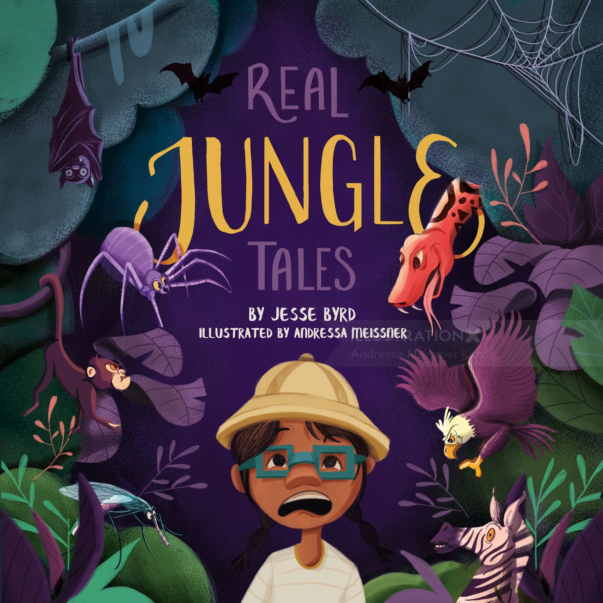 Book cover with scared child and jungle animals by Andressa Meissner