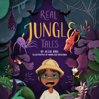 Book cover with scared child and jungle animals by Andressa Meissner