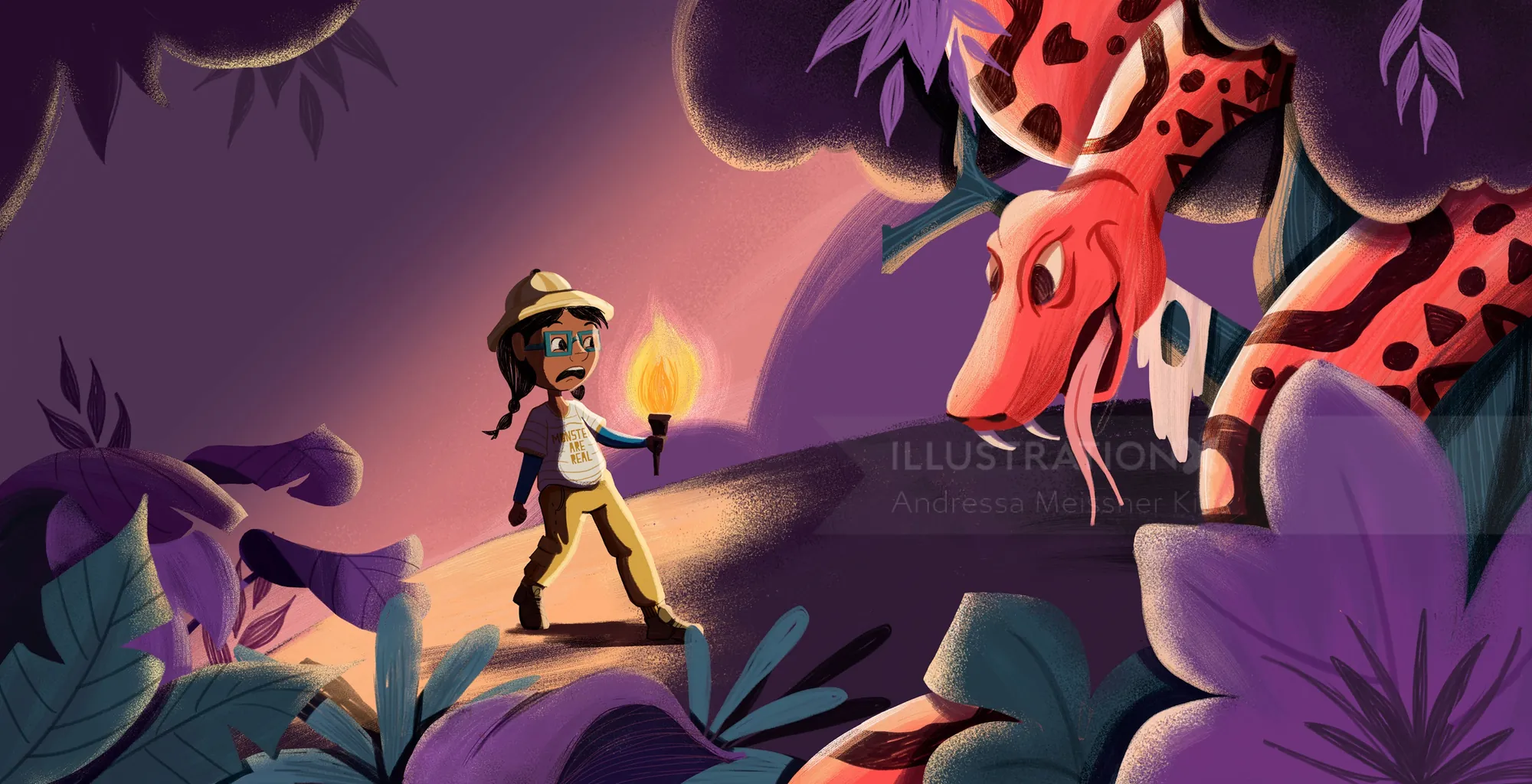 Young explorer holding torch facing large red spotted lizard by Andressa Meissner Kids
